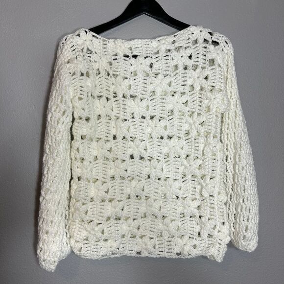 Handmade Crochet Floral Pattern Sweater Boho Open Knit White LongSleeve Pullover - Picture 1 of 5